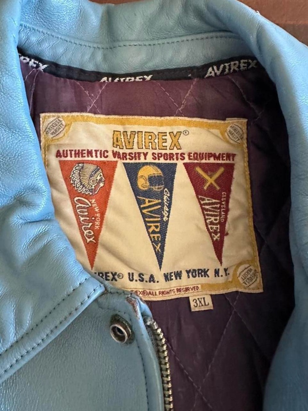Vintage Avirex Varsity Leather Jacket Blue Heavyweight Men’s 3XL - Picture 4 of 8